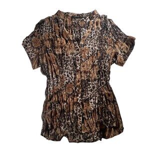 Grunge Brown Leopard Floral Crinkle Button Up Blouse